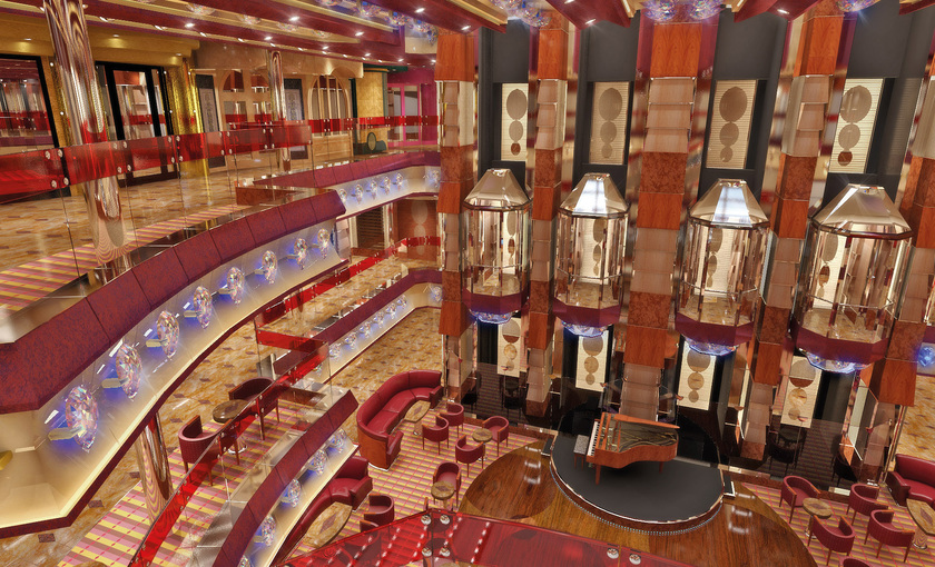 De hoofdhal met glazen liften op de Costa Favolosa